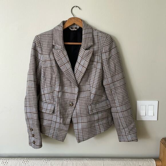 FREE PEOPLE Plaid Chess Academia Linen Blazer Size S - Picture 1 of 5